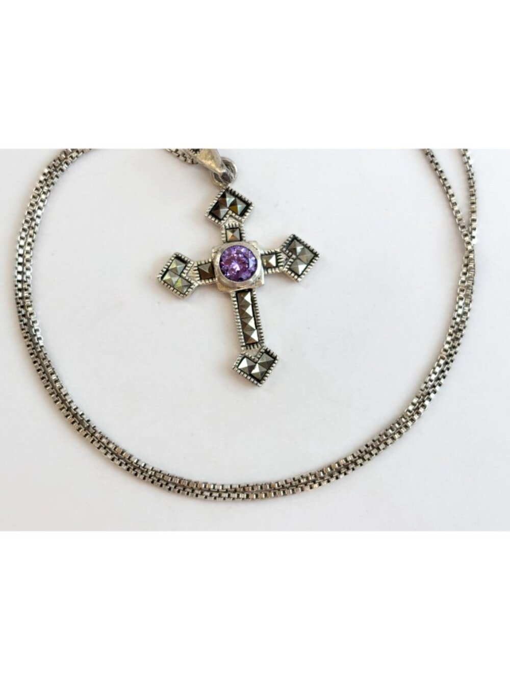 Art Deco Amethyst & Marcasite Sterling Silver 925 Vintage Pendant Necklace - 20" - Picture 6 of 16